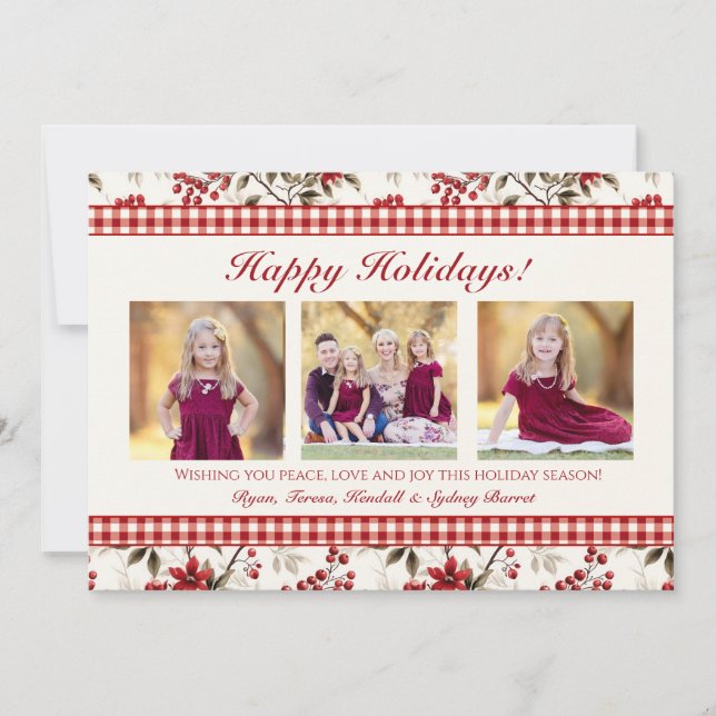 Juldfotokort med Poinsettia Holly Gingham-kant Julkort (Framsida)