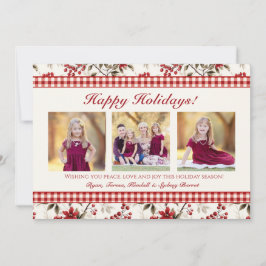 Juldfotokort med Poinsettia Holly Gingham-kant Julkort