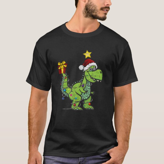 Juldinosaur med Ljus Funny Boys Kids Xma T Shirt (Framsida)