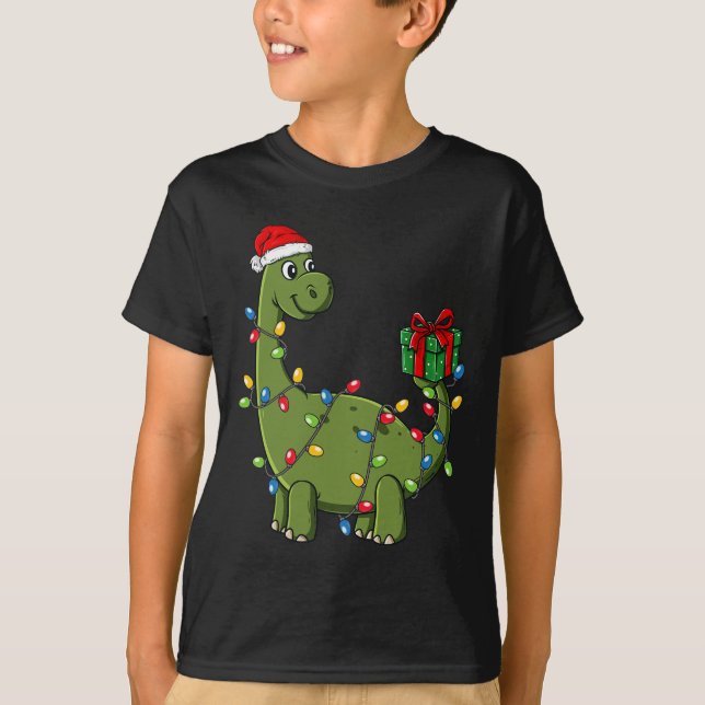 Juldinosaur med Ljus Roligt Boys Kids Julafton T Shirt (Framsida)