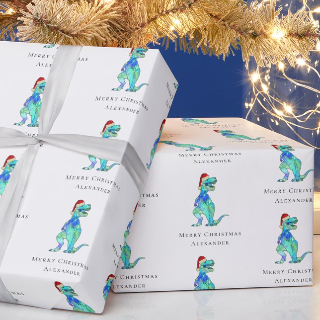 Juldinosaur T-Rex-Personlig Presentpapper (Personalized Christmas dinosaur holiday gift wrap funny colorful Jurassic festive Santa T-Rex dino)