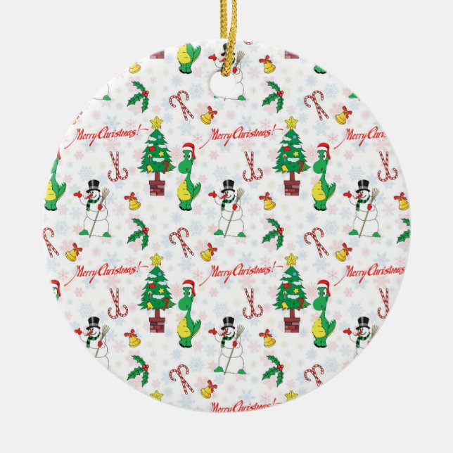 Juldinosaurier och snögubbe julgransprydnad keramik (Framsidan)