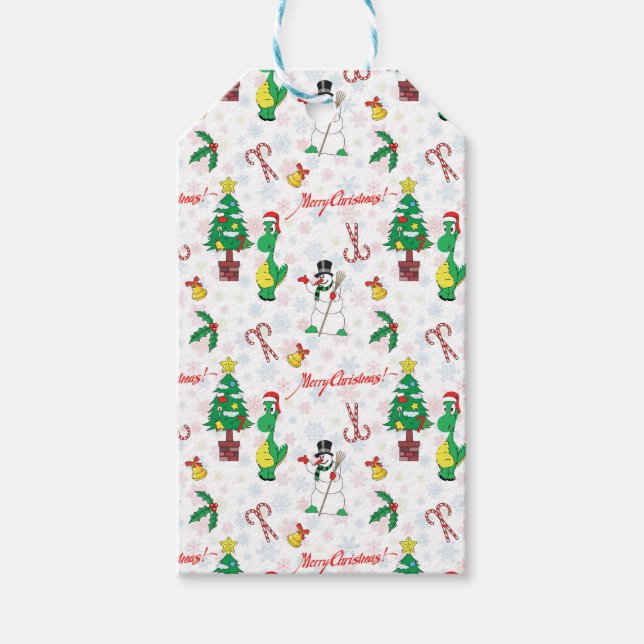 Juldinosaurier och snögubbe presentetikett (Framsidan)