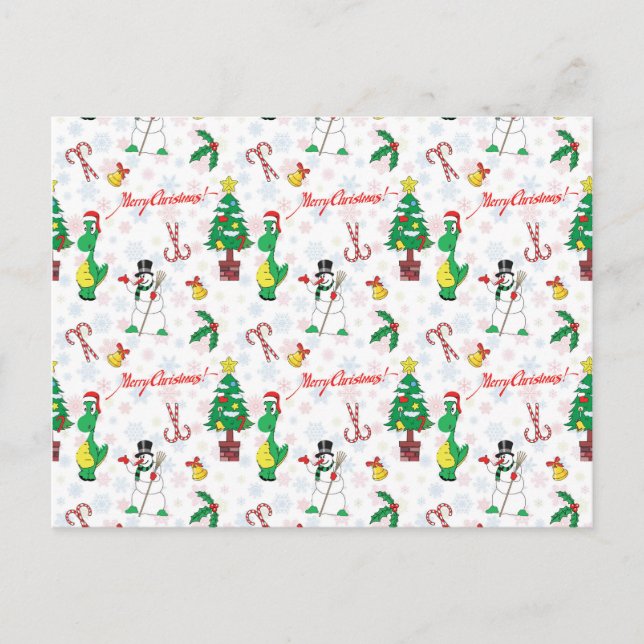 Juldinosaurier och snögubbe vykort (Framsida)