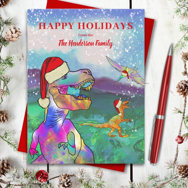 Juldinosaurier Wearing Santa Hats Budget Helg Vykort (Christmas dinosaurs wearing Santa hats custom budget holiday greetings postcard)