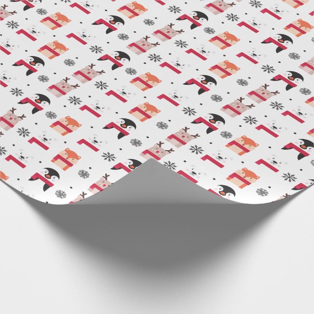 Juldjur, hjort, polar björn, pingvin & räv presentpapper (Hörn)