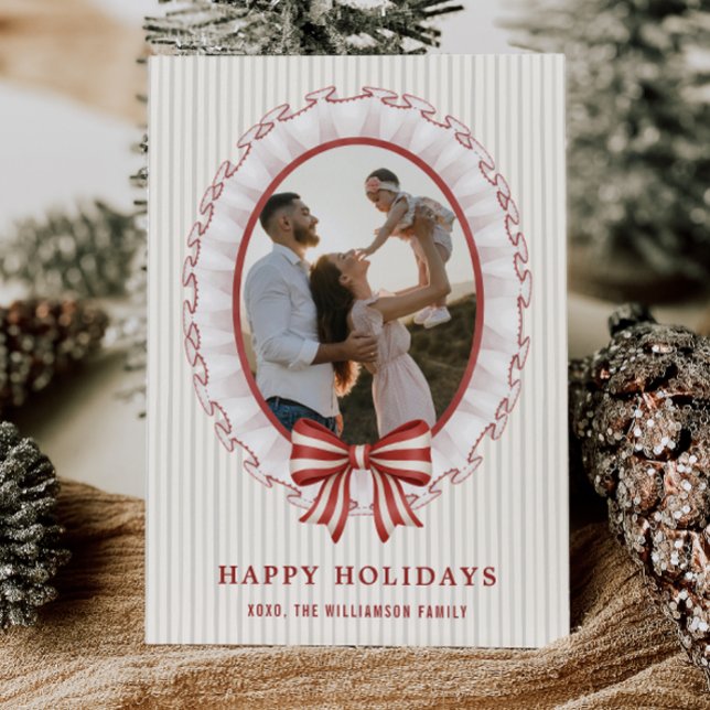 Juldkort med räfflad ram och randig slinga inbjudningar (Scalloped Frame + Striped Bow Holiday Photo Card)