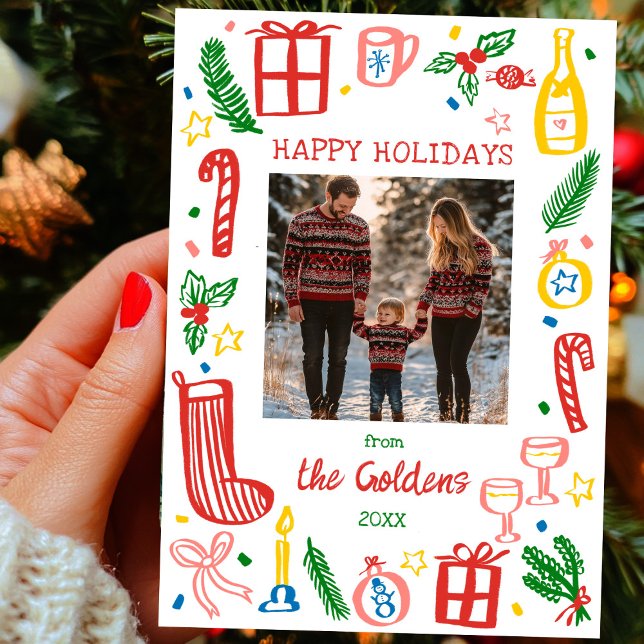 Juldodle Cute Anpassningsbar PHOTO Julkort (Whimsical Christmas Doodle Sketch Cute Custom PHOTO Flat Holiday Card
)