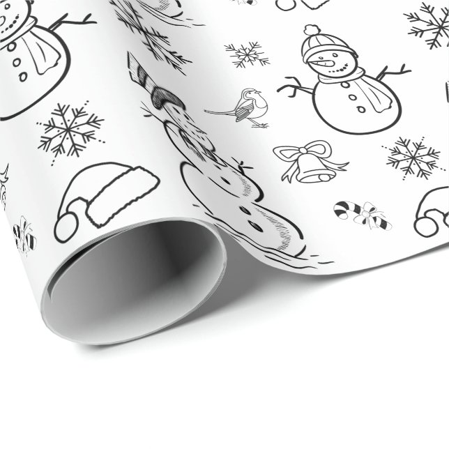 Juldoodle Snögubbe Funny Black and White Presentpapper (Rullad Hörn)