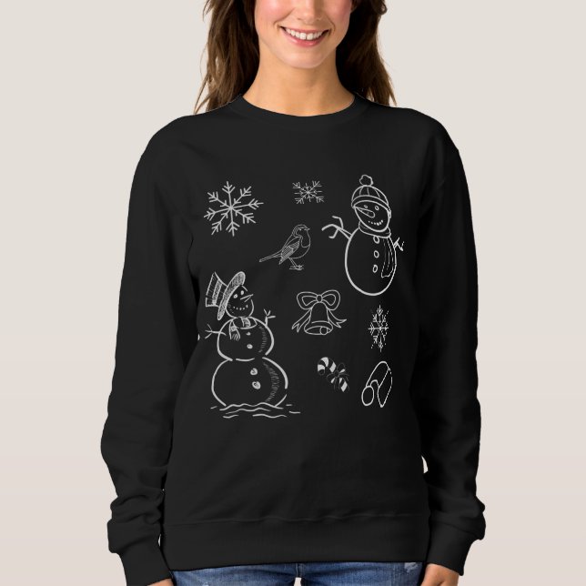 Juldoodle Snögubbe Funny Black and White Swe T Shirt (Framsida)