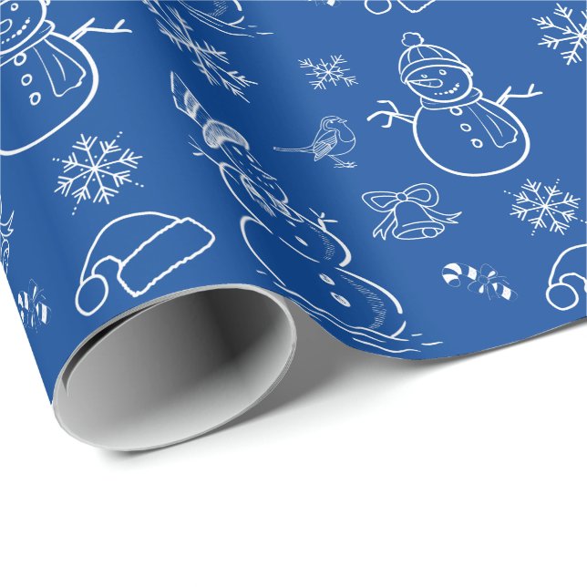 Juldoodle Snögubbe Funny Blue och White Presentpapper (Rullad Hörn)