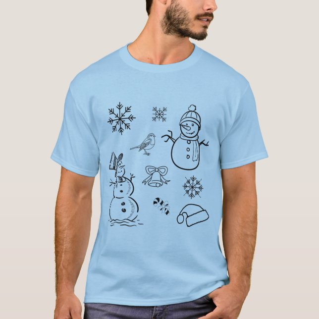 Juldoodle Snögubbe Funny Blue och White T Shirt (Framsida)