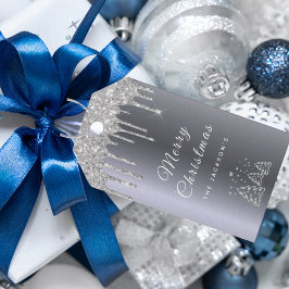 Juldropparna silver träd glitter i presentetikett