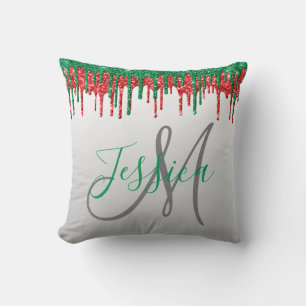 Juldroppning Glitter Monogram Red och Grönt Kudde