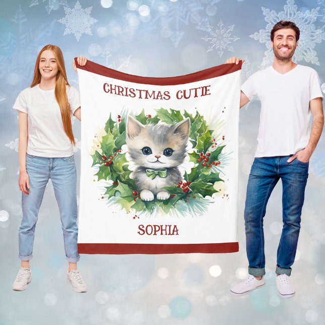 Julduk för barn med kattunge och namn  fleecefilt (Child's Christmas Blanket With Kitten and Name)