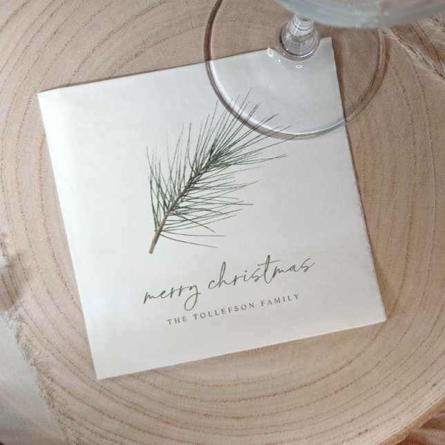 Juldukstapeter Enkla vintergröna grenar Pappersservett (Christmas napkins - simple elegant pine branch greenery with watercolor accents. Holiday Party Decor)