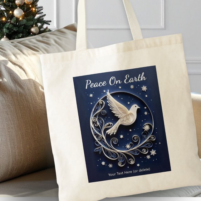 Julduva av fred i mörkblå himmel tygkasse (A festive Christmas tote bag with Dove of Peace design in a faux papercraft style on navy blue)
