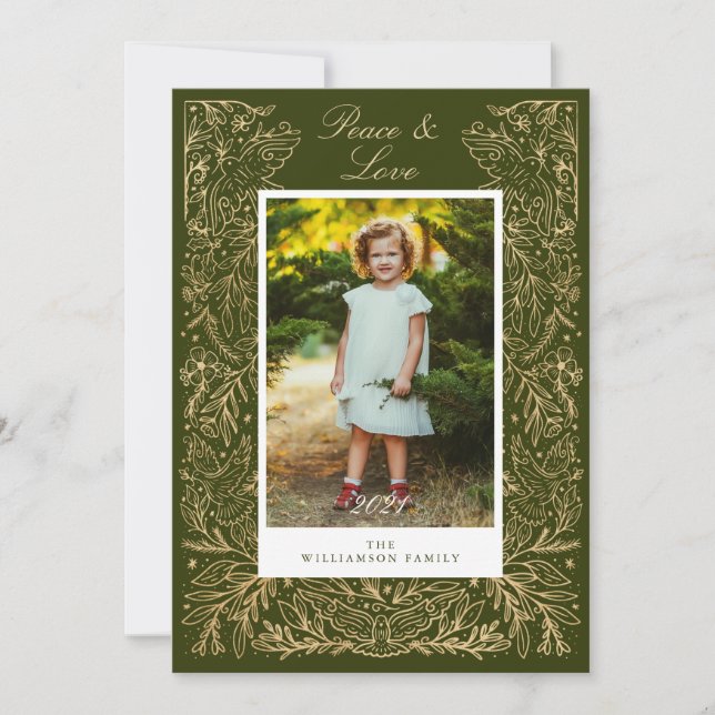 Julduvor för fred och Blommigt Ram Kärlek Julkort (Framsida)