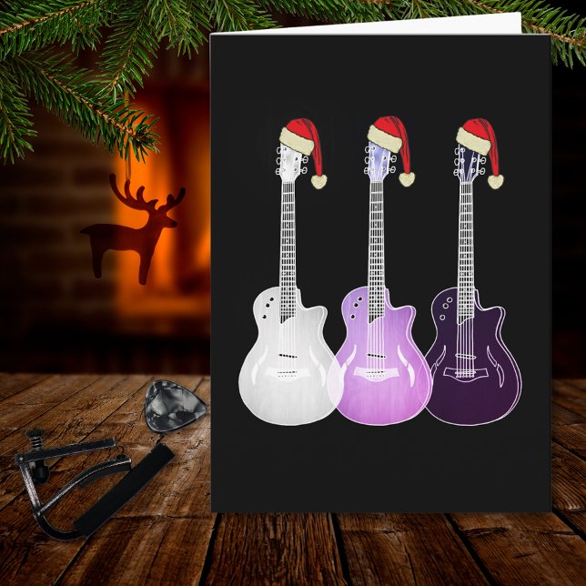 Julel Guitar rosa Kort (Christmas guitars wearing santa hats pink black and white music themed holiday greetings card)