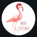 Julellusingo Santa önskemål Runt Klistermärke<br><div class="desc">God jul eller ditt anpassningsbar önskemål-dekal med en rolig flamingo som klär upp julhatt.</div>