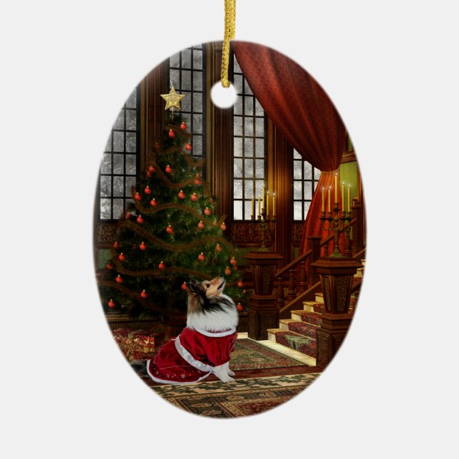 Julen är här! Sheltie Julgransprydnad Keramik (Framsidan)