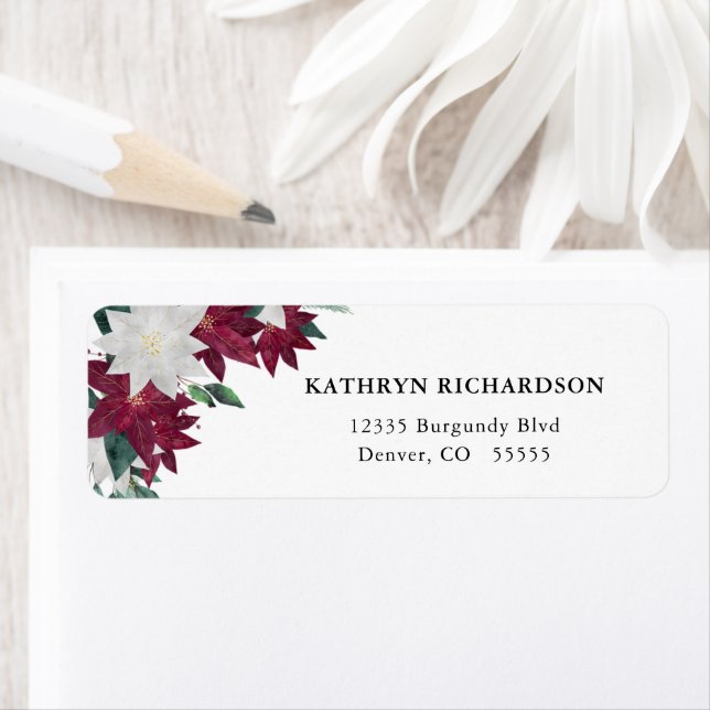 Julen Burgundy och White Poinsettia Returadress Etikett (Insitu)