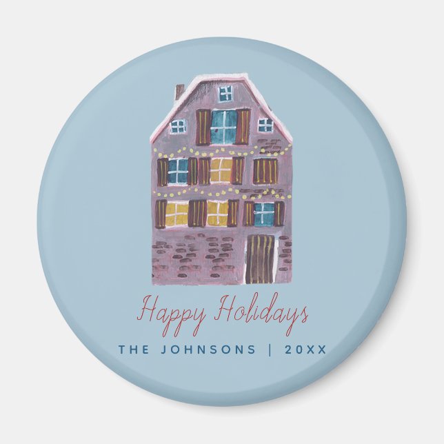 Julen Cute Winter House Village Scene Magnet (Framsidan)