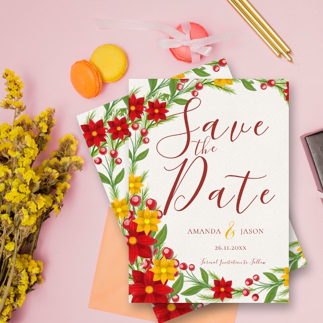 Julen firande röd gul krans blomster bröllop (Festive Christmas Red Yellow Wreath Floral Wedding save the date)
