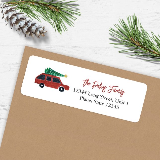 Julen för minimal belysning av den digitala bilen returadress etikett (Cute Car Minimalistic Illustration Christmas Label)