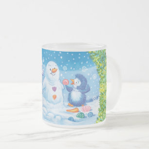 Julen frostat mugg, PingPing Penguin och Snögubbe. Frostad Glasmugg