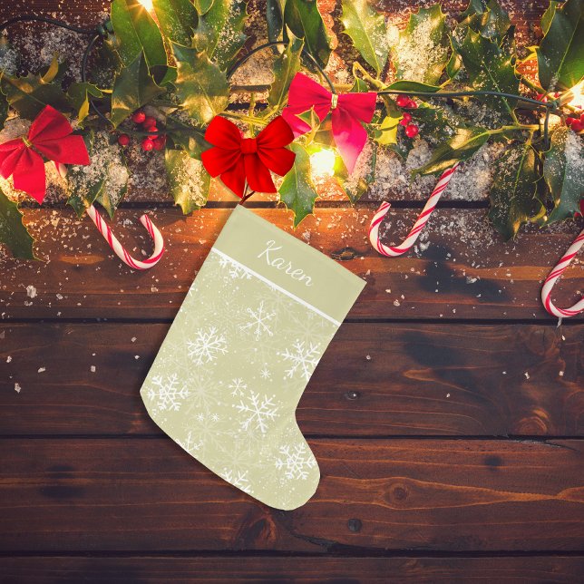 Julen guld och vit snöflingor namn stor julstrumpa (Gold and white snowflakes name Christmas Large Christmas Stocking)