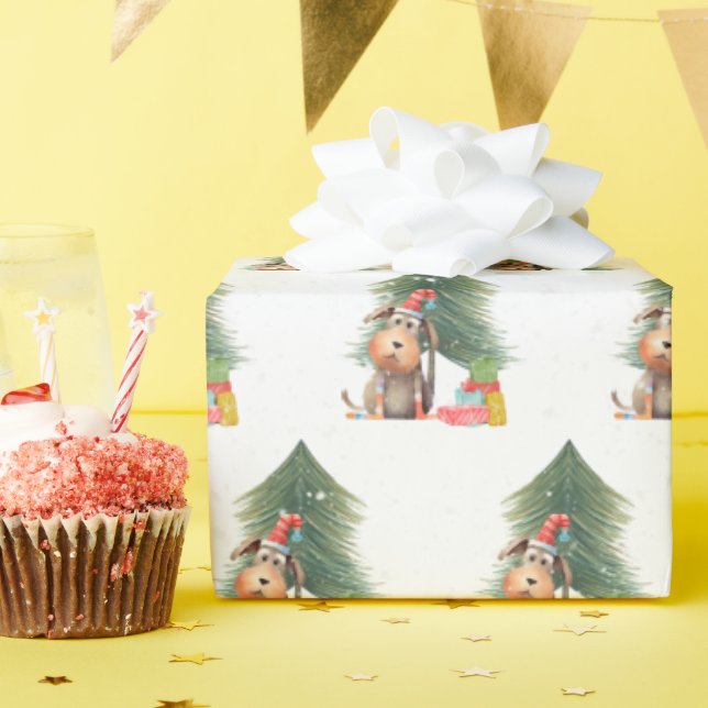 Julen Hund och Gräs Träd i Snöflingor Presentpapper (Födelsedagsfest)