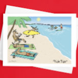 Julen jultomten och Reindeer Beach Vacation<br><div class="desc">Humoriserat julkort. Tecknad av tomten och hans renar på en solig tropisk strandsemester. Skeppslös Jultomten i röda badbyxor rider vågar. En renare springer med en surfboard. Andra renar är garvning eller avläsning på sanden. Titeln är "Yule Tide". Insidan av kortet: "varmaste helgdag önskemål". Insidan av hälsning kan vara personlig. En...</div>