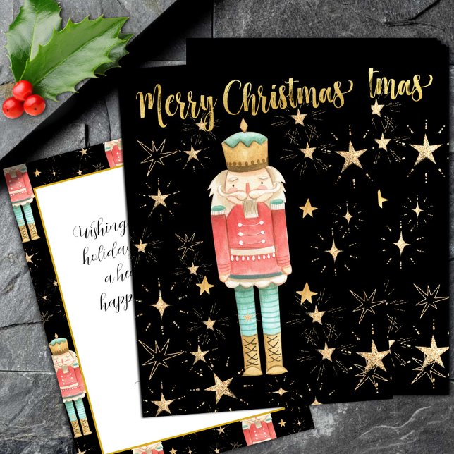 Julen Nutcracker Guld Starry Natt (The Christmas Nutcracker Gold Starry Night Merry Christmas Flat Holiday Card)