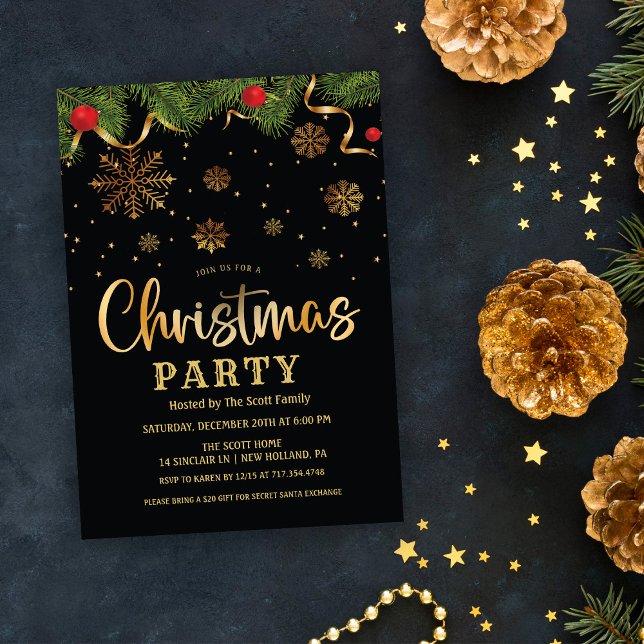 Julen Party Black och Guld Snöflingor Inbjudningar (Skapare uppladdad)