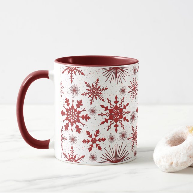 Julen Red and White Snowflake Mönster Mugg (Med munk)