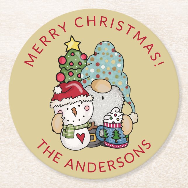 Julen Rustic Gnome Snögubbe Underlägg Papper Rund (Framsidan)