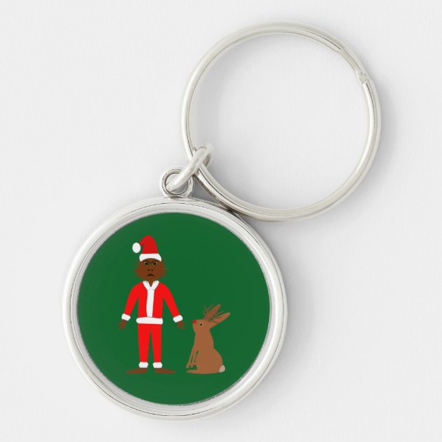 Julen Santa Sasquatch och Jackalope Rund Silverfärgad Nyckelring (Framsidan)