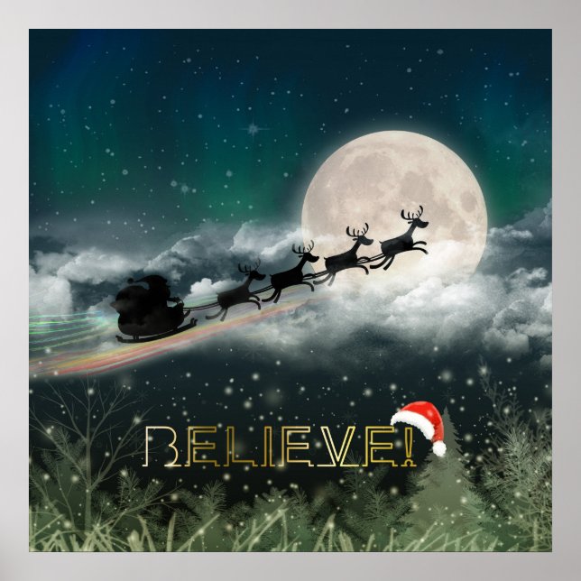 Julen Santa Sleigh Reindeer Poster Papper (Framsidan)