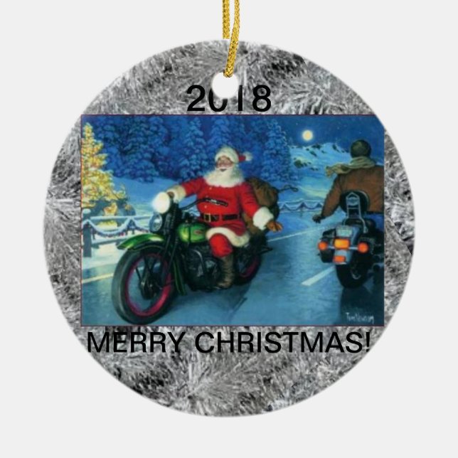 Julen smyckar/Santa på en motorcykel 2018 Julgransprydnad Keramik (Framsidan)
