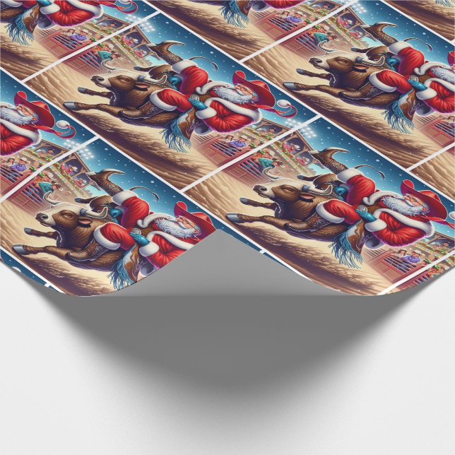Julen Tomten Ridning En Rodeo-Tjur Jul Presentpapper (Hörn)