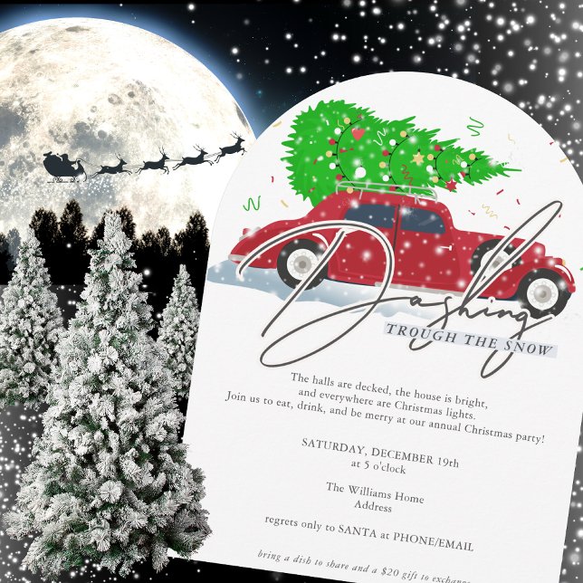 Julen vid Snö Vintage bil vid jul Inbjudningar (Dashing Trough The Snow Vintage Car with Christmas Tree in the Snow Family Company Party Invitation)