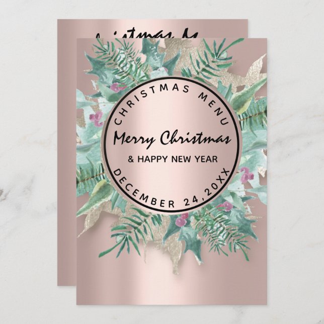 Julenatt Högtidlig Vintermeny Rose Blomster Meny (Fram/baksida)
