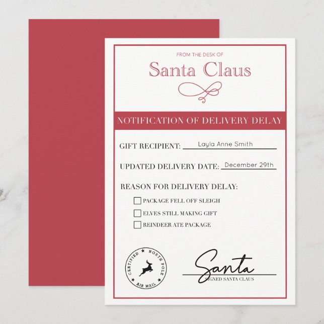 Julenisse meddelande om försenad leverans kan redi (Fram/baksida)