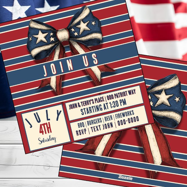 Julens 4:e Coquette Bow med Stars och stripes Part Julkort (Cute antiqed red white and blue bow July 4 party invitation you can customize)