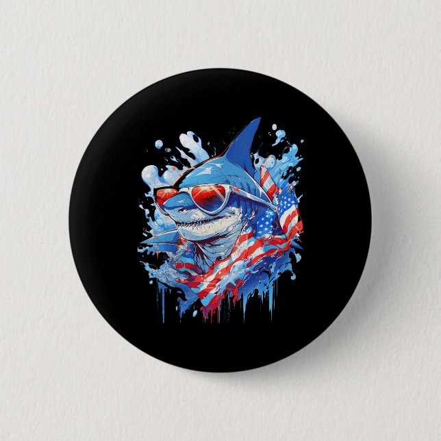 Julens 4:e Patriotic Funny Shark Sungles Independe Knapp (Framsida)