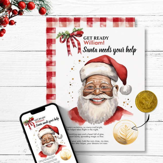Julens Anpassningsbar, Namn tomten, myntsnack Önsk Julkort (Christmas eve Custom Child Name Santa Magic Coin Wish Holiday Card personalized gift north pole )