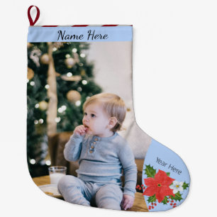 Julens Anpassningsbar Pic/Text Poinsettia Blommigt Stor Julstrumpa