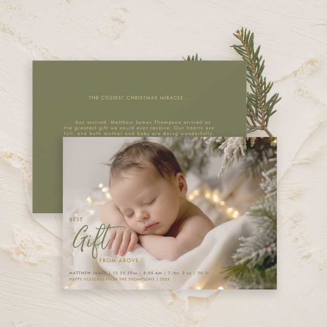 Julens bästa Galligrafi Grönt Baby Photo Meddelande (christmas family card baby announcement best gift calligraphy simple elegant modern gold green)