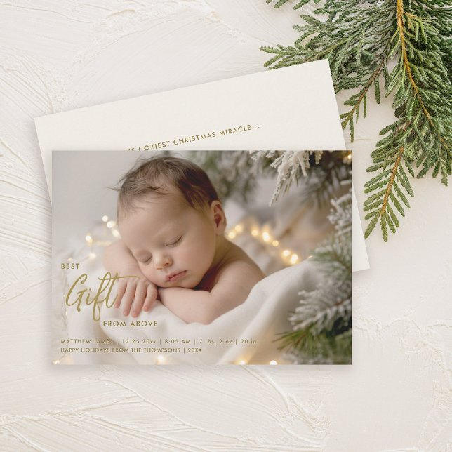 Julens bästa Galligrafi Guld Baby Foto Meddelande (christmas family card baby announcement best gift calligraphy simple elegant modern gold)